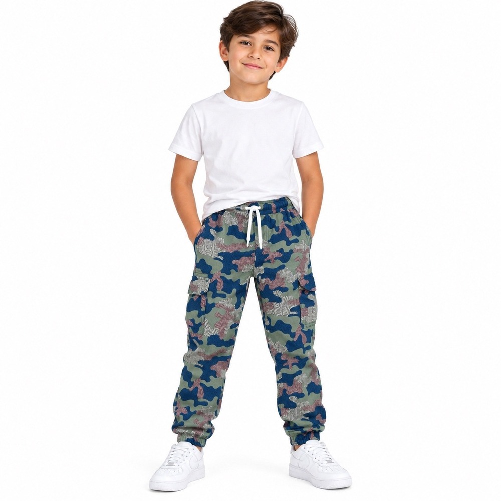 Lands' End Boys Camo Cargo Jogger Pants Size S 6-7 Blue Green Camouflage